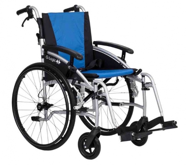 Excel G-Logic Lightweight Self Propelled Wheelchair With Silver Frame and Blue Upholstery 18'' Standard Seat